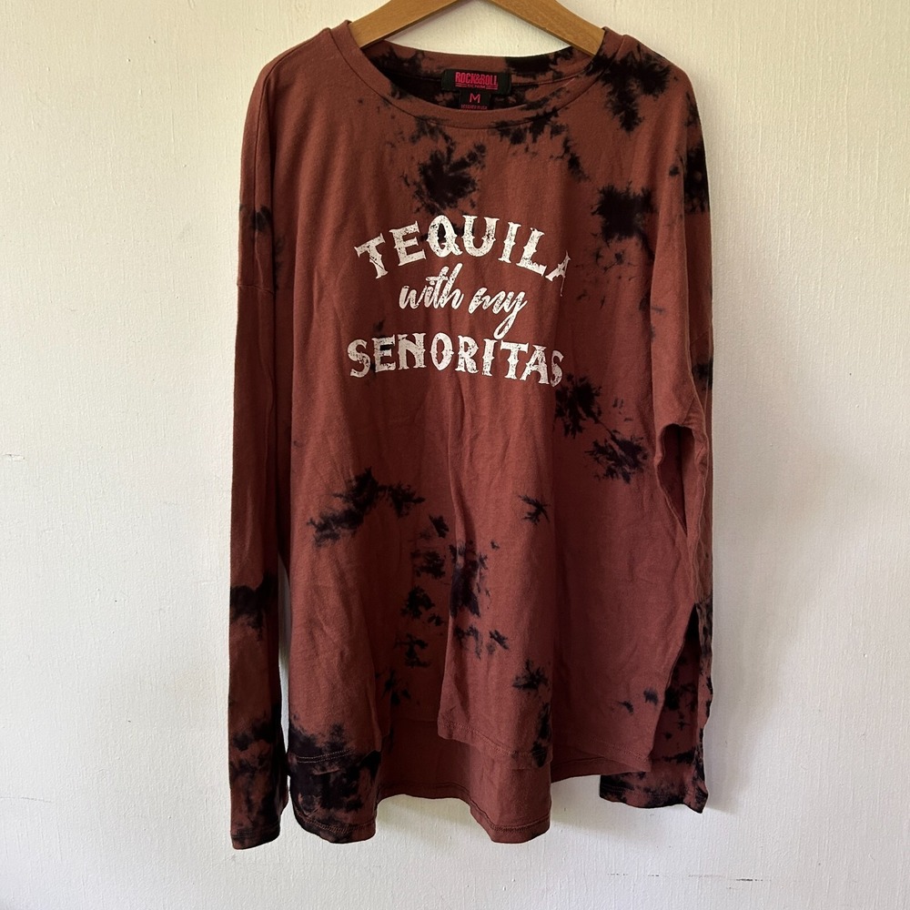 Rock  n Roll Denim Top Womens Medium Brown Tie Dye Tequila With My Senoritas Y2K